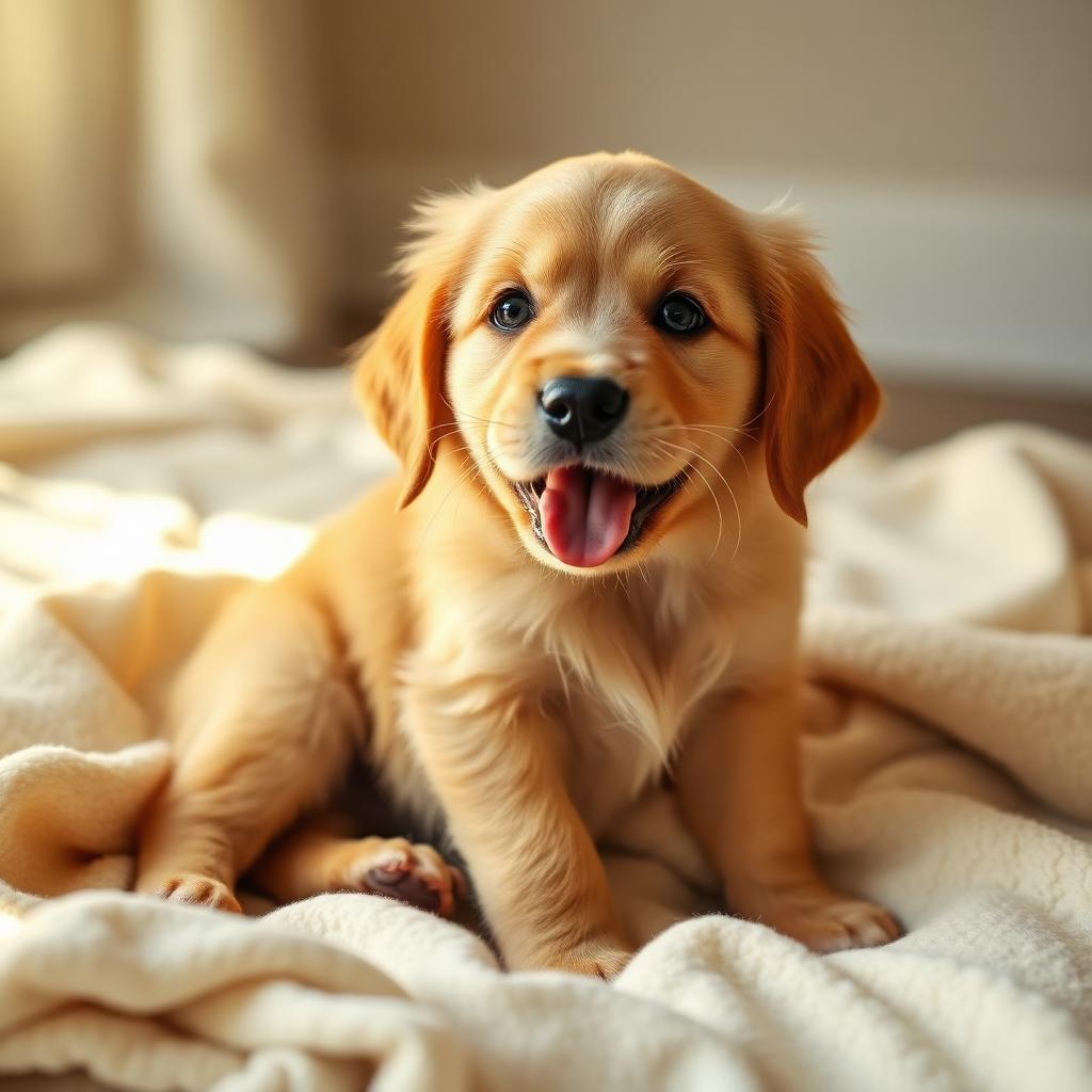 Happy golden retriever puppy sitting on a cream blanket